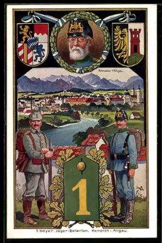 AK Kempten i. Allgäu, Soldaten des 1. bayer. Jäger-Bataillons in Uniform, Ortsansicht an der Flussbiegung