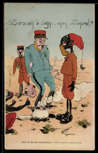 AK Kolonisierter salutiert vor einem Soldaten, abgetrennter Kopf, Kolonialhumor