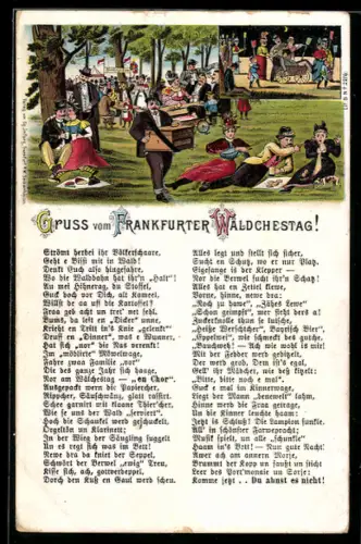 Künstler-AK Frankfurter Wäldchestag, Leierkastenmann auf dem Festgelände