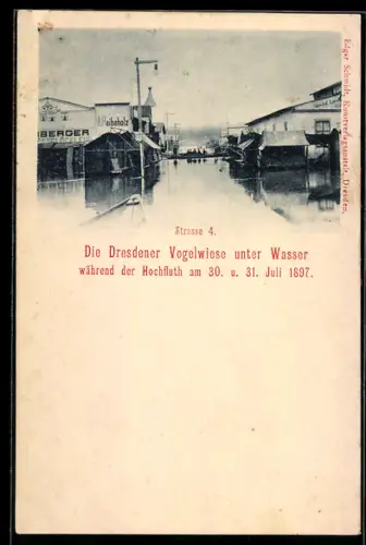 AK Dresden, Dresdener Vogelwiese bei Hochwasser im Juli 1897