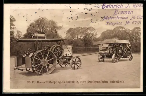 AK 25 PS Ihace-Motorpflug-Lokomotive treibt eine Dreschmaschine an