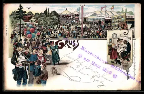 Lithographie Blankenburg am Harz, Schützenfest 1899, Ansichtskartenverkäufer