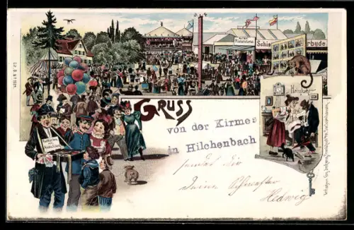 Lithographie Hilchenbach, Partie auf der Kirmes mit Ansichtskartenverkäufer, Volksfest