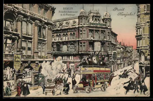 AK Berlin, Friedrichsstrasse a. d. Passage, Doppeldeckerbus und Passanten im Winter