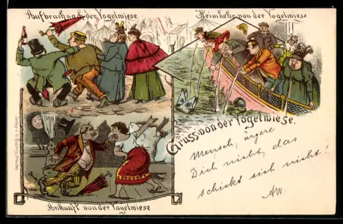 AK Dresden, Szenen auf der Dresdener Vogelwiese, Aufbruch, Ankunft und Heimkehr