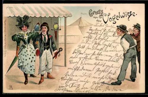 AK Dresden, Szene auf der Dresdener Vogelwiese mit elegantem Paar und Papageien