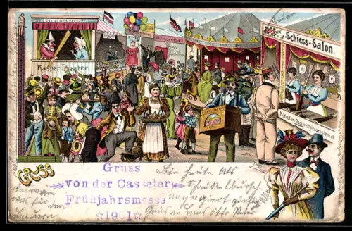 Lithographie Hamburg-St. Pauli, Wansbeker Markt, Schiessbahn, Kasper-Theater und Karussel auf dem Festplatz