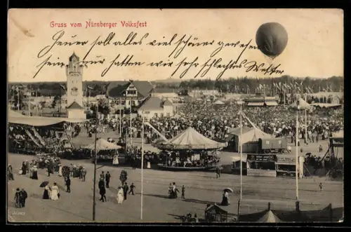 AK Nürnberg, Ballon über dem belebten Volksfest, Karussels, Kamel & Stände