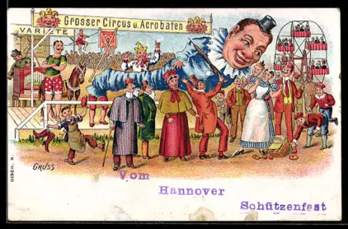 AK Hannover, Schützenfest, Mann mit Leierkasten im Hintergrund, Grosser Zirkus, Riesenrad