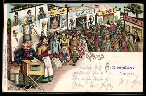 AK Dresden, Dresdner Vogelwiese, Mann mit Leierkasten auf einem Volksfest