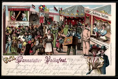 Lithographie Cannstatt, Cannstätter Volksfest, Leierkastenmann, Kasper-Theater, Schiessbude, Karusselll