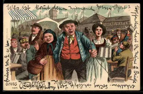 AK München, Szene auf dem Oktoberfest, Schankmaid mit Bier, feiernde Gesellschaft