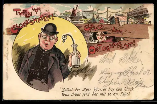 AK München, Szene auf dem Oktoberfest, Älterer Mann mit Melone und Flasche in der Hand, Glückshafen