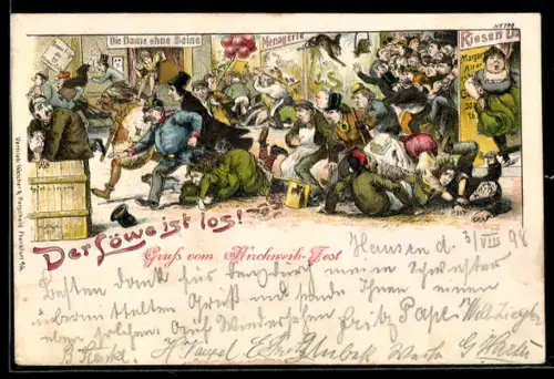 Lithographie Kirchweih-Fest, Der Löwe ist los, mit antisemitischer Karikatur
