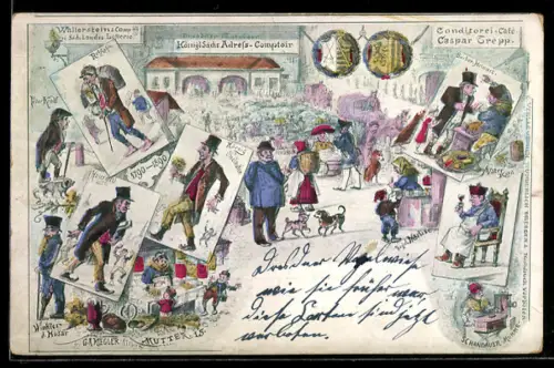 AK Dresden, Verschiedene klischeehafte Darstellungen von Menschen aus dem Ort, Bücher-Helmert