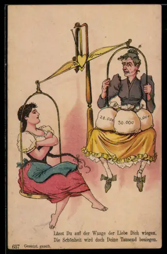 Vorläufer-Lithographie Alte Frau und junge Frau auf Waage, 1893, Die Schönheit wird doch Deine Tausend besiegen