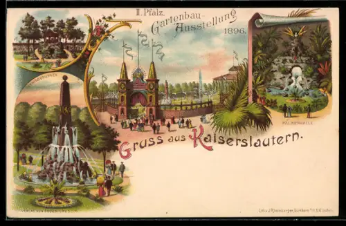 Lithographie Kaiserslautern, II. Pfälz. Gartenbau-Ausstellung 1896, Grotte, Palmenhalle und Springbrunnen