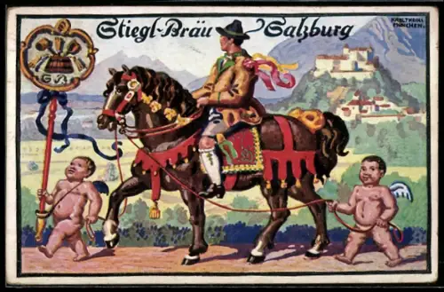 AK Salzburg, Stiegl-Bräu, Reiter auf geschmücktem Pferd