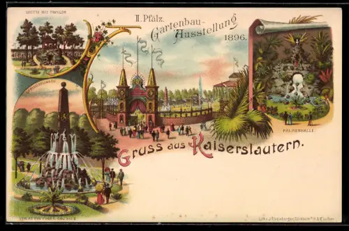 Lithographie Kaiserslautern, II. Pfälz. Gartenbauausstellung 1896, Grotte mit Pavillon, Palmenhalle, Springbrunnen