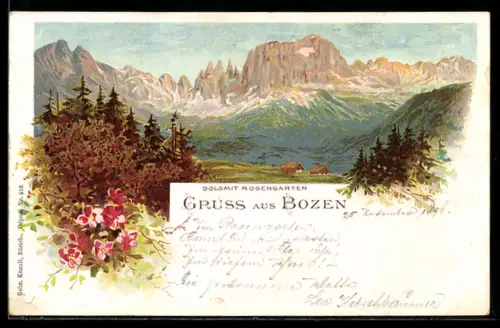 Lithographie Bozen, Panorama Dolomit Rosengarten