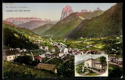 AK St. Ulrich in Gröden, Pension und Cafe Moroder, Ortsansicht