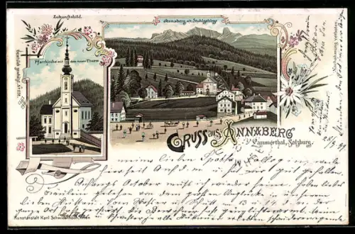 Lithographie Annaberg /Salzburg, Pfarrkirche mit neuem Turm, Blick zum Stuhlgebirge