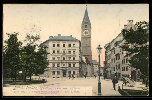 AK Bregenz, Gasthaus zum Tannenbaum, Inh. Balth. Priller, Ecke Kreuz- und Herzog Wilhelm Strasse
