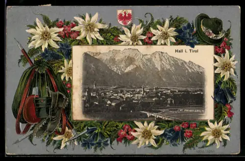 Präge-AK Hall i. Tirol, Ortsansicht mit Bergpanorama, Rahmen mit Edelweiss und Wappen