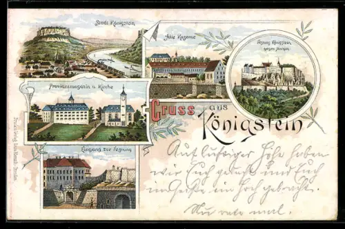 Lithographie Königstein / Elbe, Alte Kaserne, Eingang zur Festung, Proviantmagazin u. Kirche