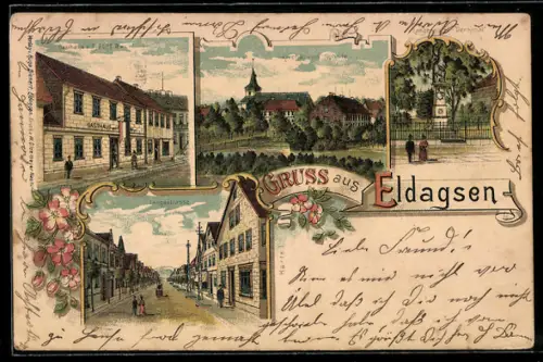 Lithographie Eldagsen, Gasthaus F. Olpe Ww., Langensalza-Denkmal, Langestrasse