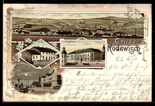 Lithographie Rodewisch, Hotel Rudolph, Schule und Bahnhof