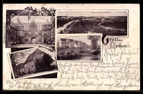 AK Neuhaus i. W., Hotel Pahl Nachf. Bettmann, Lippe-Brücke, Truppenübungsplatz Senne