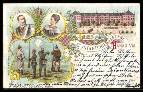 Lithographie Hanau a. M., Infanterie-Kaserne, Soldaten beim Schiessen, Portrait Fürstenpaar