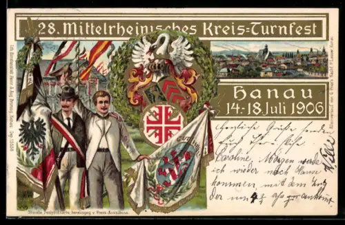 Lithographie Hanau, Kreis-Turnfest 1906, Siegerehrung mit Fahnen, Wappen, Festgebäude, Ortsansicht