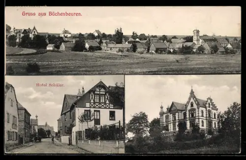 AK Büchenbeuren, Hotel Schüler mit Strasse, Villa mit Ziergiebeln, Gesamtansicht