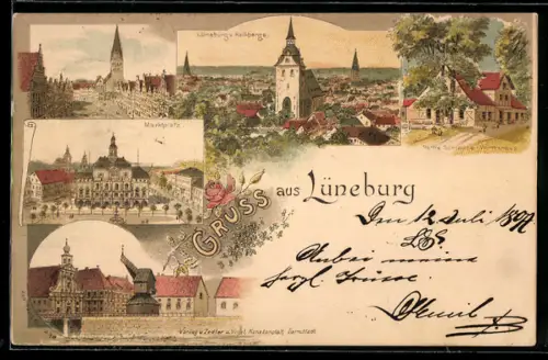 Lithographie Lüneburg, Gasthaus Rote Schleuse, Marktplatz, Der Sand