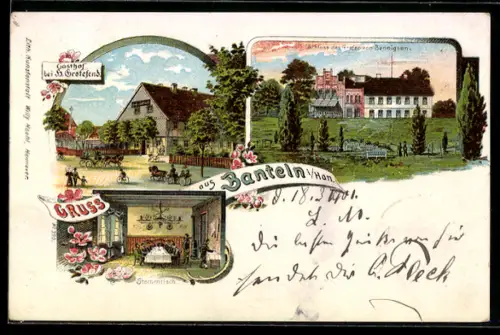 Lithographie Banteln i. Han., Gasthof bei H. Grotefend mit Stammtisch, Schloss des Grafen v. Bennigsen