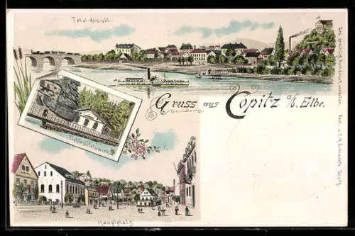 Lithographie Copitz a. d. Elbe, Totalansicht, Elektrizitätswerk, Hauptplatz