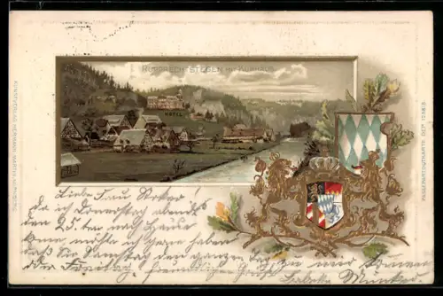 Passepartout-Lithographie Rupprechtstegen, Uferpartie mit Hotel-Kurhaus, Wappen