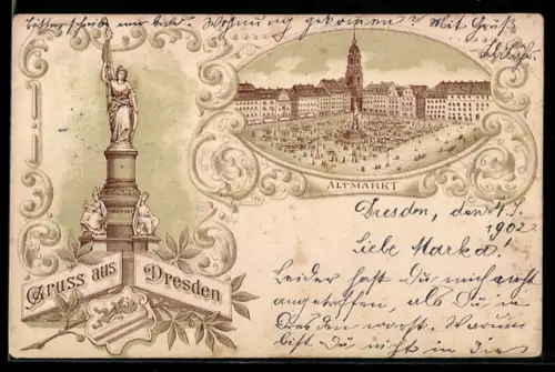 Lithographie Dresden, Altmarkt mit Denkmal