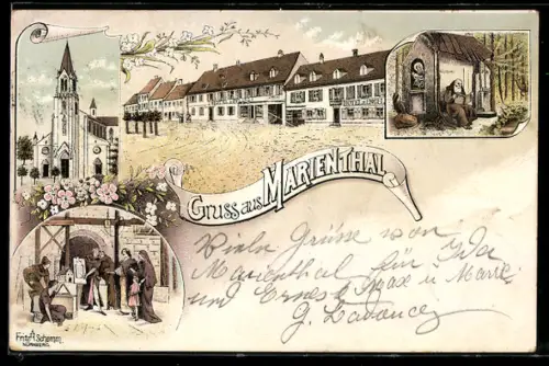 Lithographie Marienthal, Hotel zum Pflug und Hotel zum Engel, Kirche, Mönch an Kapelle