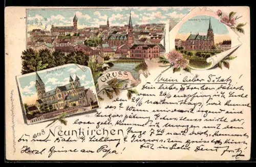 Lithographie Neunkirchen, Teilansicht, Untere evangelische Kirche, Katholische Kirche