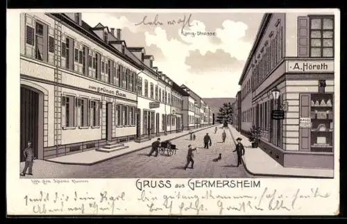 Lithographie Germersheim, König-Strasse mit Gasthaus zum grünen Baum
