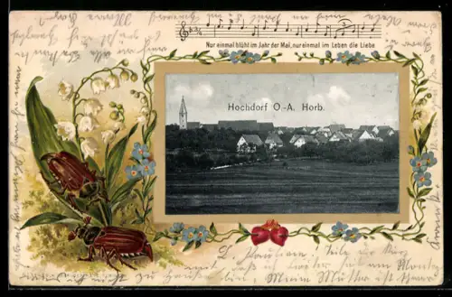 Passepartout-Lithographie Hochdorf /Horb, Teilansicht mit Kirche, Maikäfer an Maiglöckchen