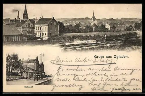 AK Opladen, Teilansicht mit Kirche, Bahnhof