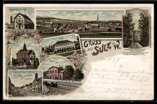 Lithographie Sulz unterm Wald, Restaurant E. North, Schloss Petry, Bahnhof