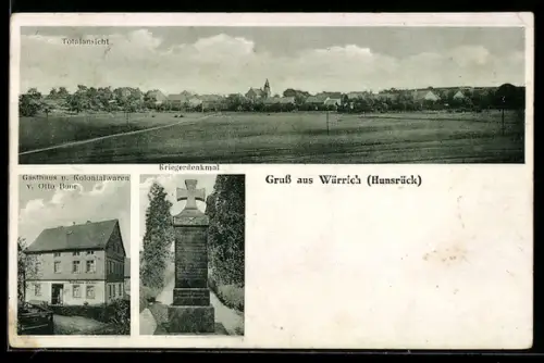 AK Würrich /Hunsrück, Gasthaus und Kolonialwarengeschäft v. Otto Boor, Kriegerdenkmal, Totalansicht