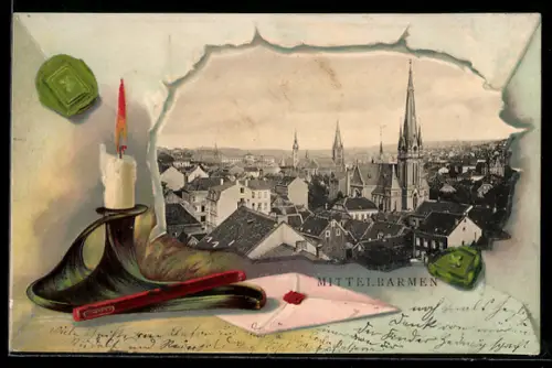 Passepartout-Lithographie Barmen, Teilansicht mit Kirche, Kuvert mit Siegel