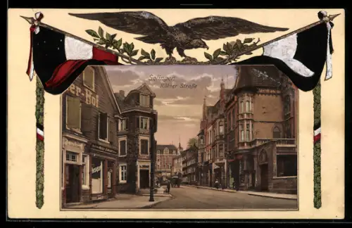 AK Solingen, Kölner Strasse mit Geschäften, Adler mit Wappen, Passepartout