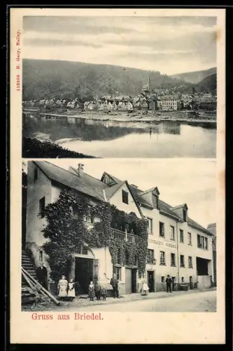 AK Briedel, Gasthaus Coeres, Gesamtansicht mit Kirche und Flusspartie